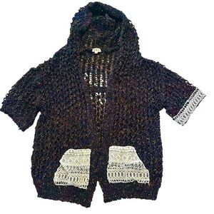 POL Hooded Short Sleeve Open Front Crochet Cardigan Womens Size Large Multicolor